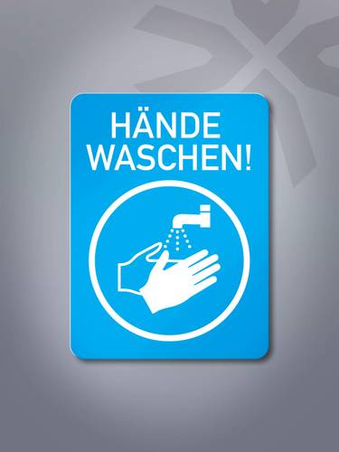 Hinweisschild „Hände waschen“ in Hellblau
