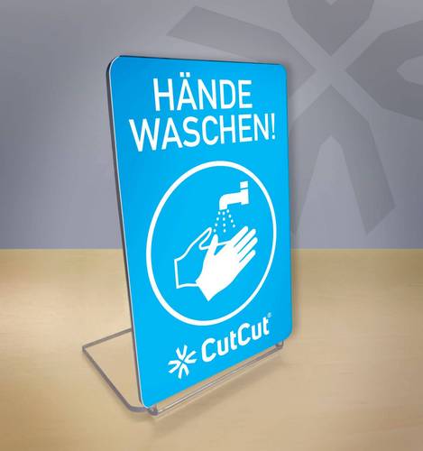 Hinweisschild „Hände waschen“ als Aufsteller mit individuellem Firmenlogo.